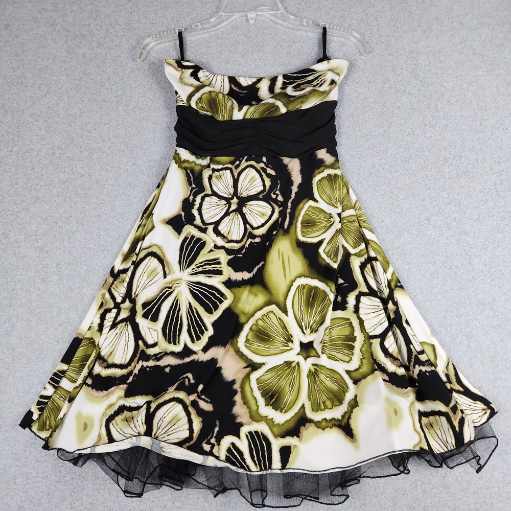 Studio Y Fit & Flare Dress Womens Medium Green Floral Y2K Tulle Trim Cocktail